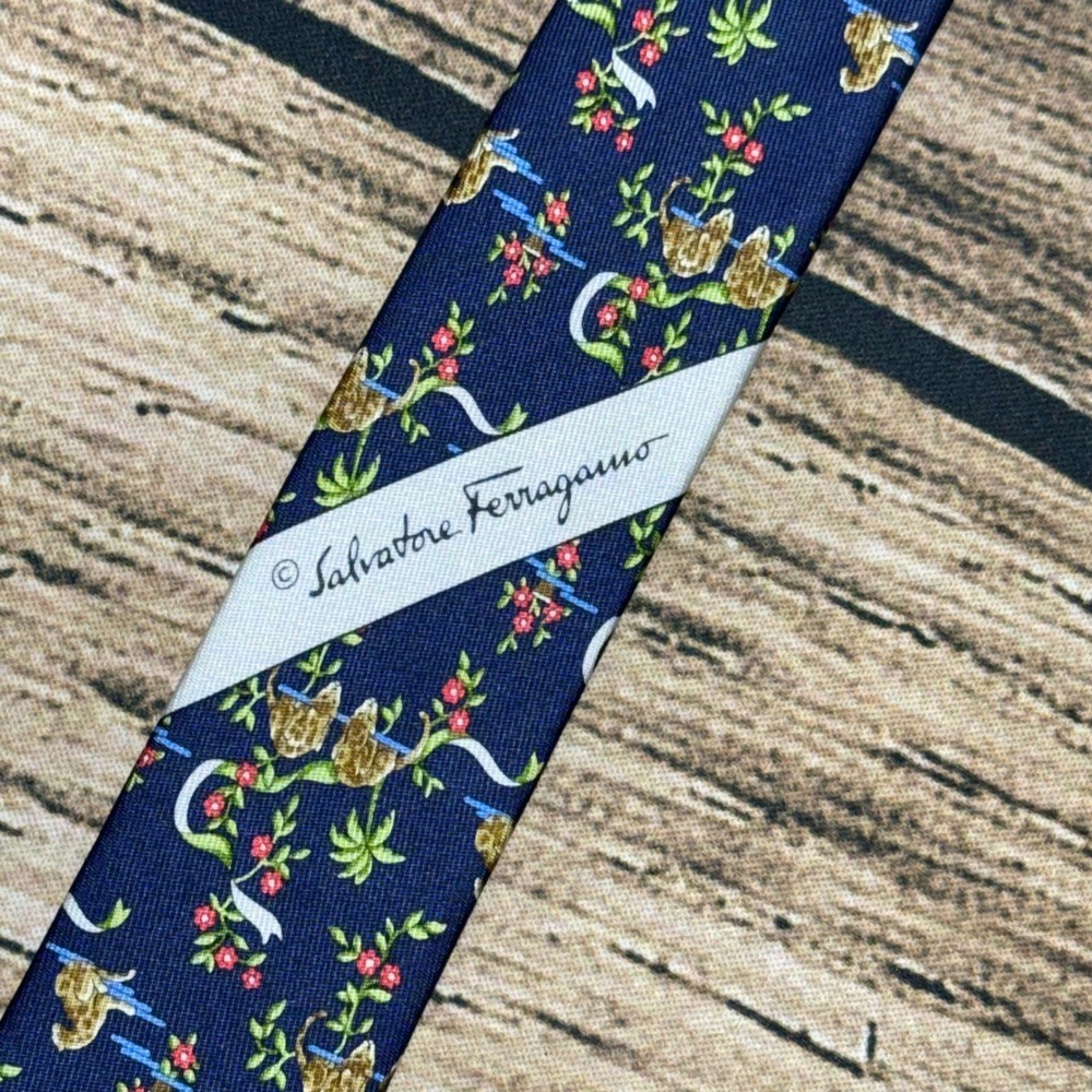 Salvatore Ferragamo Silk Tie Navy Blue Leopard Tropical Animal Print Necktie
